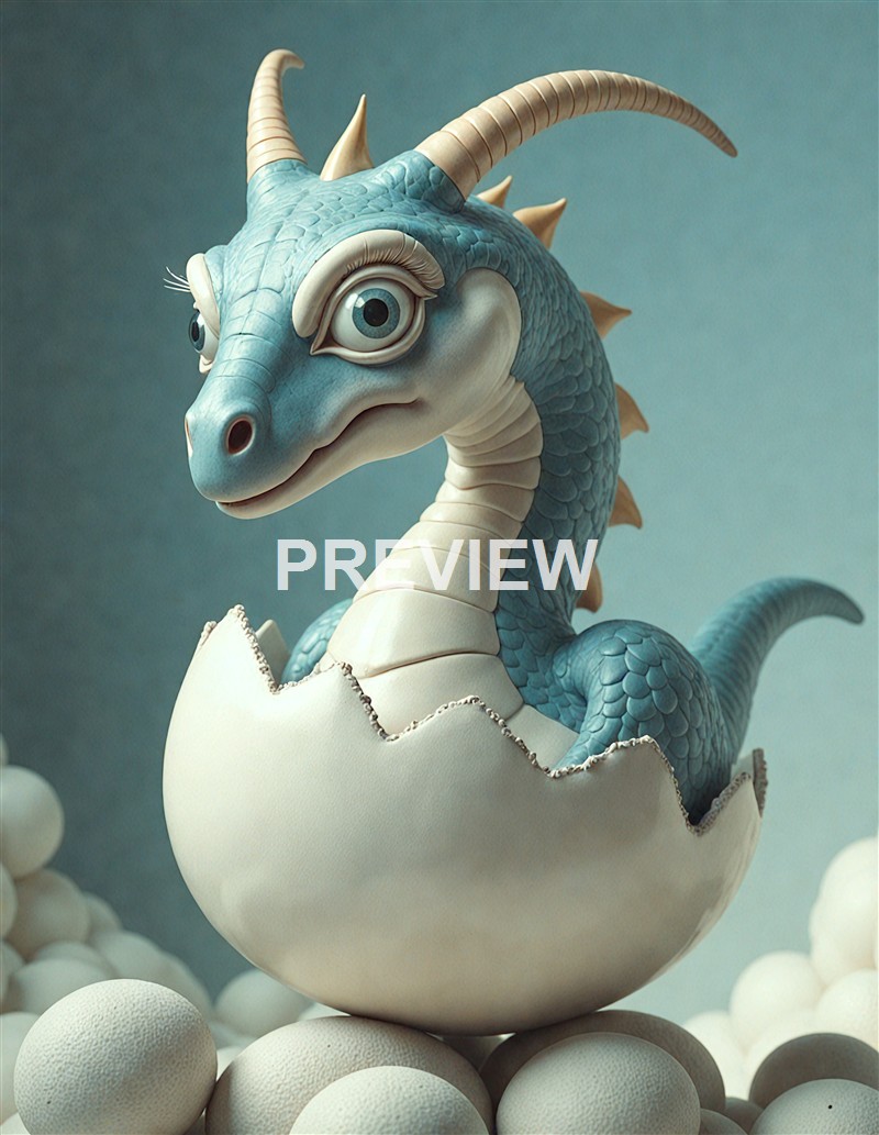 A cute, animated blue dragon hatchling with big expressive eyes and small horns, emerging from a white eggshell among white spherical objects.